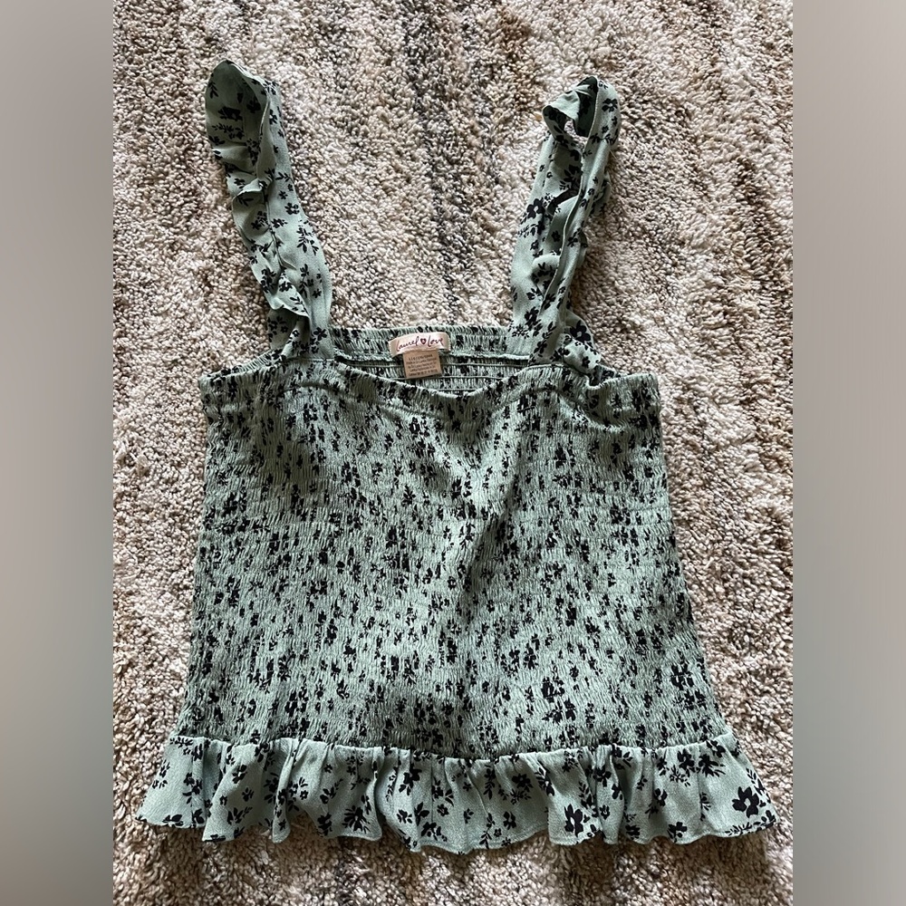 PINK Victoria's Secret Laurel and Love Green Ruffled floral Fitted Tank Top